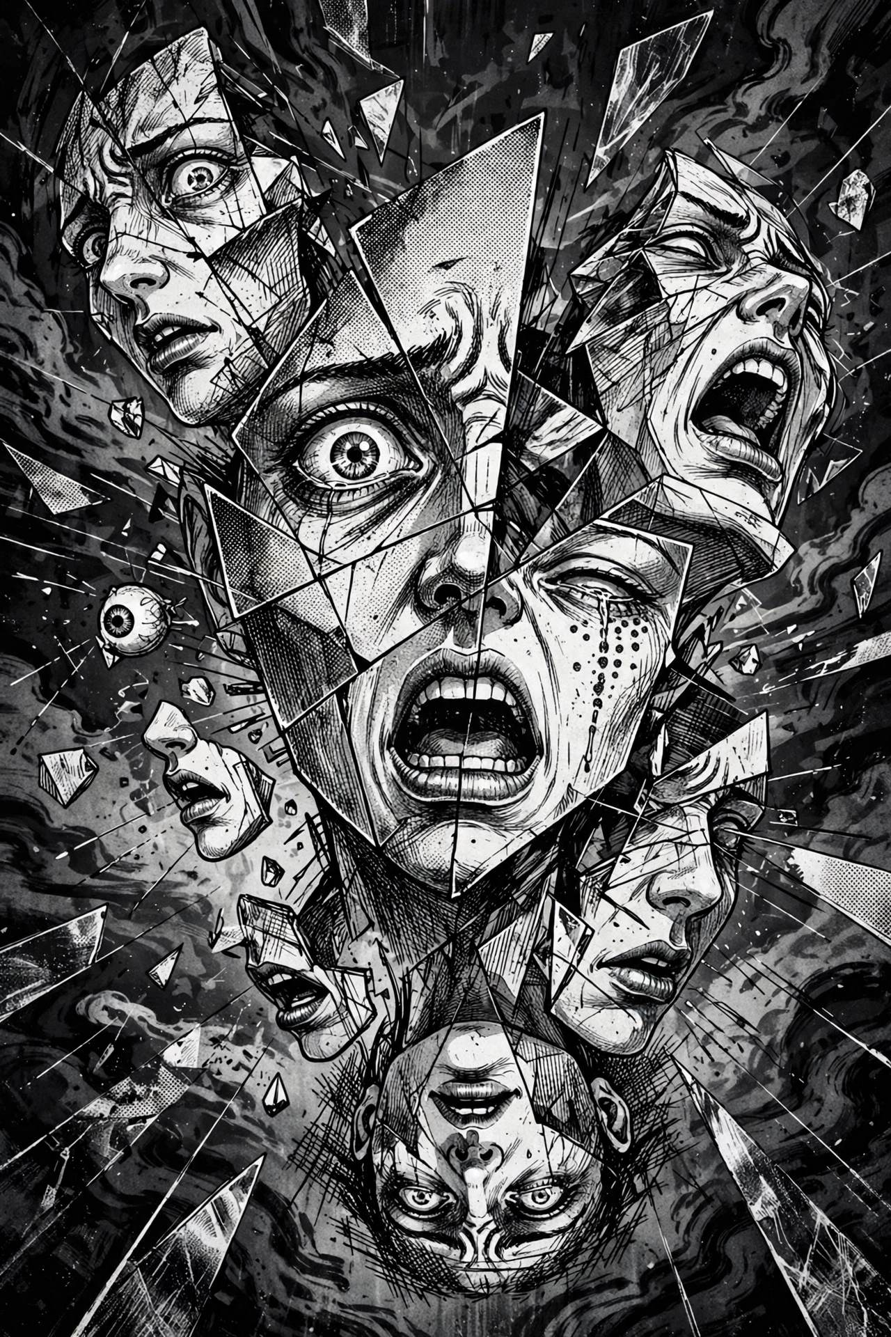 Psychological manga-inspired editorial artwork